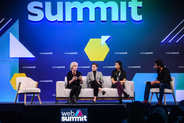 5 November 2019; Speakers, from left, Barbara Slater, Director of Sport, BBC, Meghan Klingenberg, Co-founder & President, Re-Inc, Jenny Wang, Founding Advisor/Co-Founder, Re-Inc, and Daniel Macaulay, Founder and CEO, Brandwave Marketing, on SportsTrade Stage during the opening day of Web Summit 2019 at the Altice Arena in Lisbon, Portugal. Photo by Sam Barnes/Web Summit via Sportsfile
