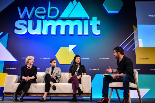 5 November 2019; Speakers, from left, Barbara Slater, Director of Sport, BBC, Meghan Klingenberg, Co-founder & President, Re-Inc, Jenny Wang, Founding Advisor/Co-Founder, Re-Inc, and Daniel Macaulay, Founder and CEO, Brandwave Marketing, on SportsTrade Stage during the opening day of Web Summit 2019 at the Altice Arena in Lisbon, Portugal. Photo by Sam Barnes/Web Summit via Sportsfile