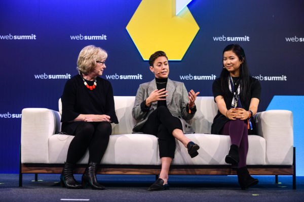 5 November 2019; Speakers, from left, Barbara Slater, Director of Sport, BBC, Meghan Klingenberg, Co-founder & President, Re-Inc, and Jenny Wang, Founding Advisor/Co-Founder, Re-Inc, on SportsTrade Stage during the opening day of Web Summit 2019 at the Altice Arena in Lisbon, Portugal. Photo by Sam Barnes/Web Summit via Sportsfile